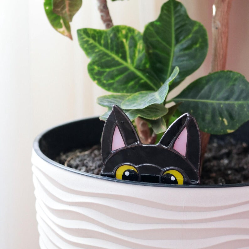 🐱 Stained Glass Cat Plant Topper – Whimsical Garden Decor