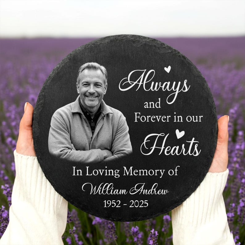 Custom Photo Memorial Garden Stone – Personalized Heart or Circle Slate Plaque