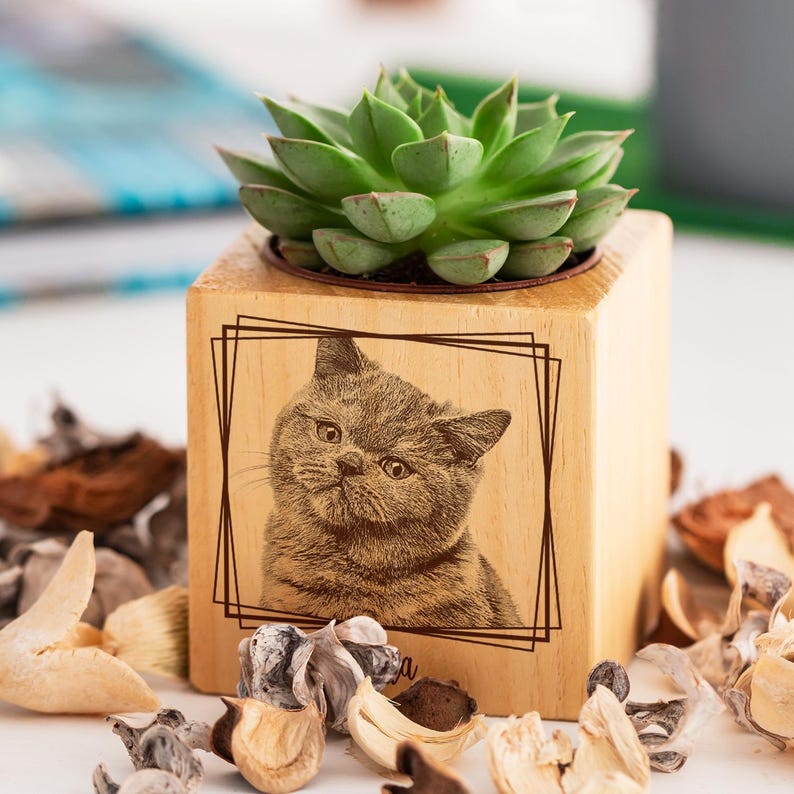 🌸Custom Pet Portrait Planter – Wood Succulent Pot with Photo