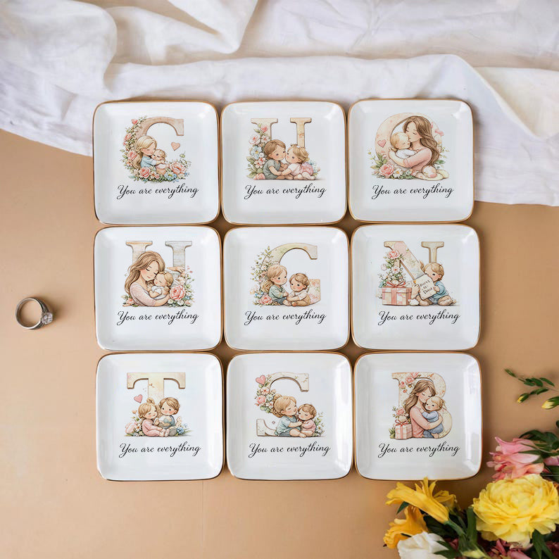 💍 Personalized Initial Jewelry Tray – “You Are Everything” with Floral Design