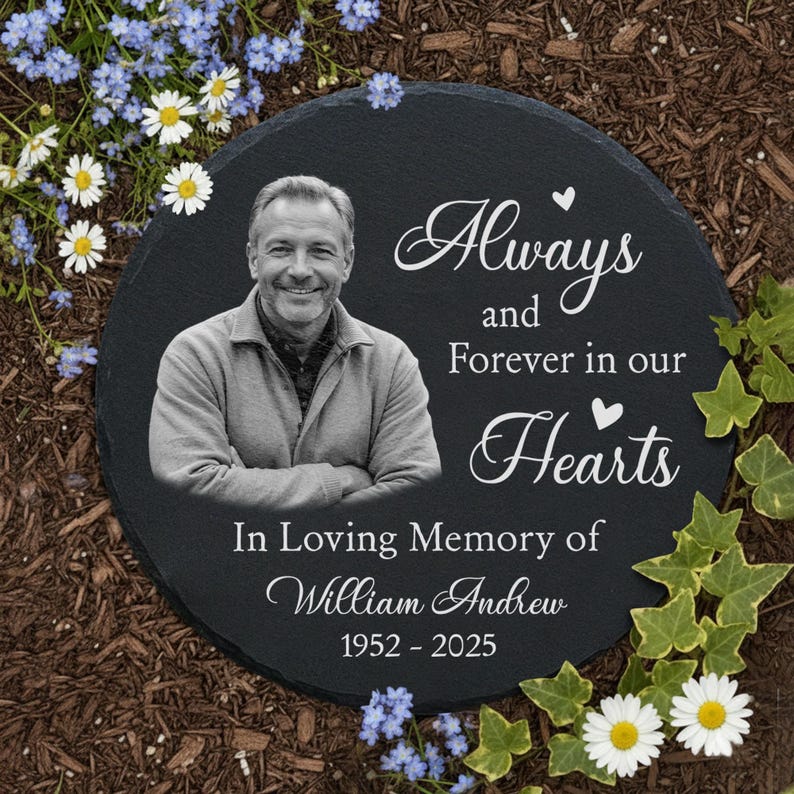 Custom Photo Memorial Garden Stone – Personalized Heart or Circle Slate Plaque