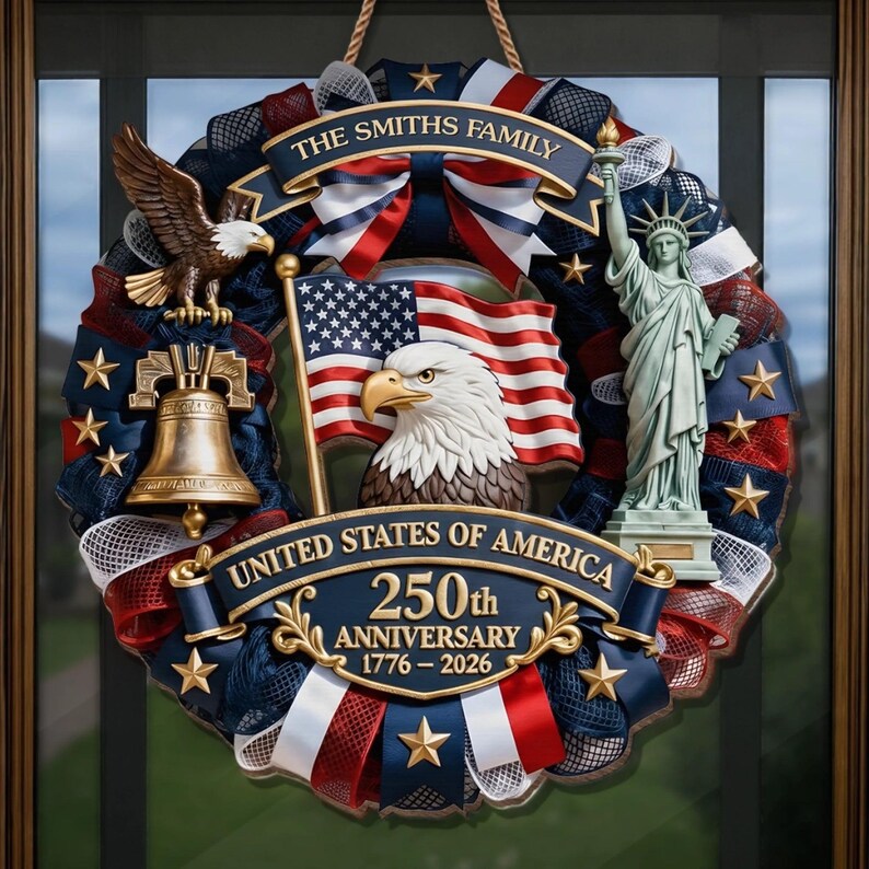 ✨Personalized America 250th Anniversary Wood Wreath – 1776-2026 Patriotic Door Sign