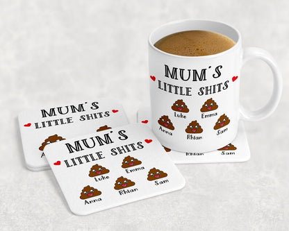 Personalized Mum Gift – "Mum's Little Shits" Mug and Coaster Set