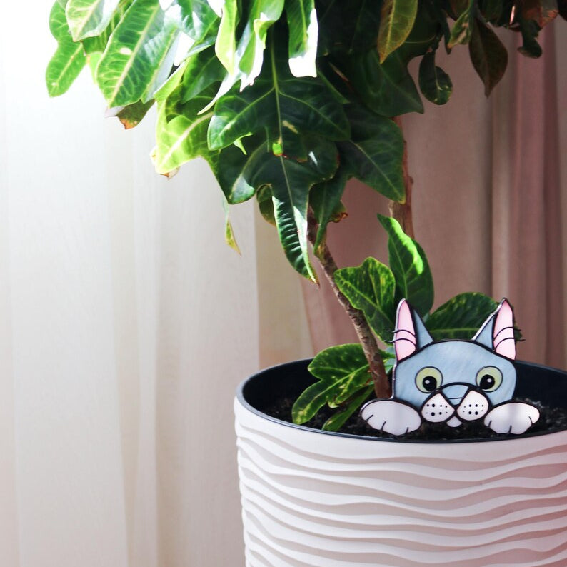 🐱 Stained Glass Cat Plant Topper – Whimsical Garden Decor
