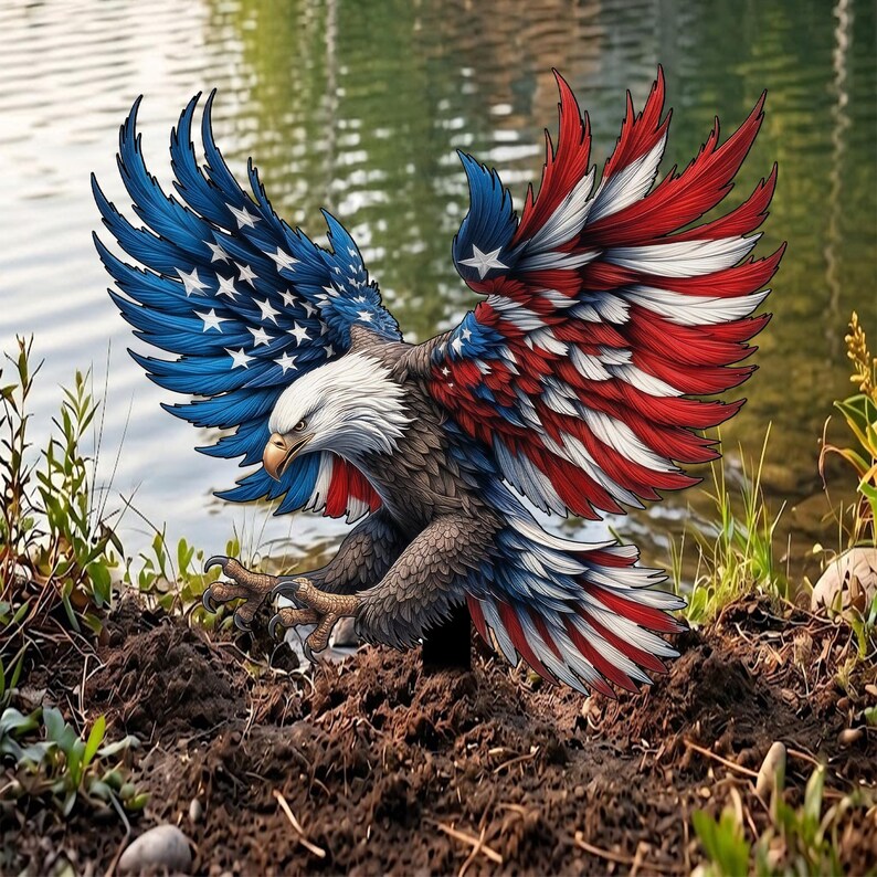 🦅 2D American Flag Eagle Metal Yard Stake