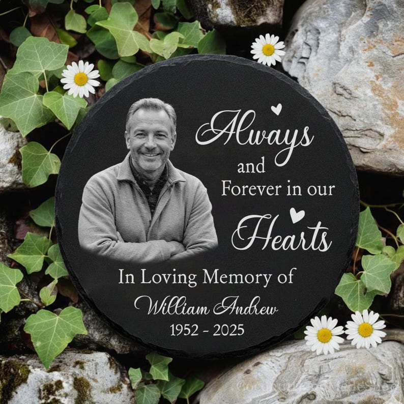 Custom Photo Memorial Garden Stone – Personalized Heart or Circle Slate Plaque