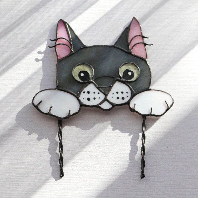 🐱 Stained Glass Cat Plant Topper – Whimsical Garden Decor