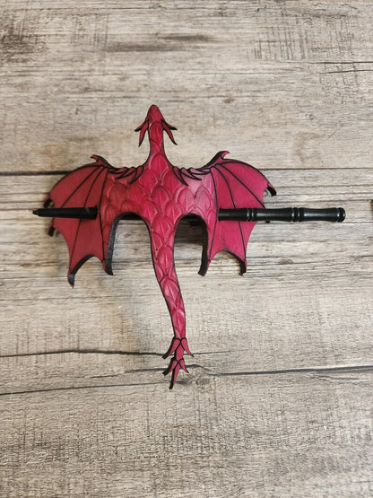 🐉 Leather Tooled Dragon Hair Slide with Wood Stick