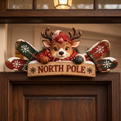 Winter Ski Lodge Door Topper – Rustic Wooden Welcome Sign