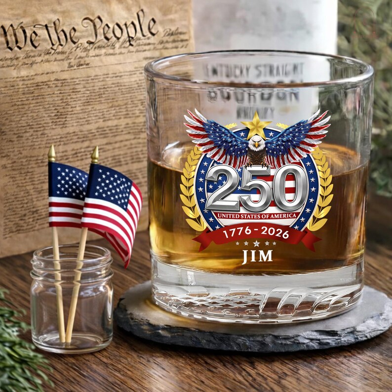 Personalized Whiskey Glass – USA 250 Years Anniversary "American Eagle 1776-2026"