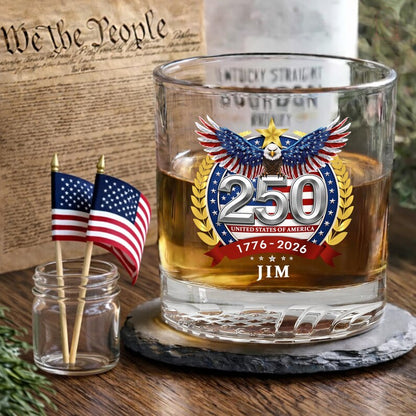 Personalized Whiskey Glass – USA 250 Years Anniversary "American Eagle 1776-2026"