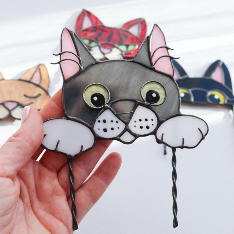 🐱 Stained Glass Cat Plant Topper – Whimsical Garden Decor
