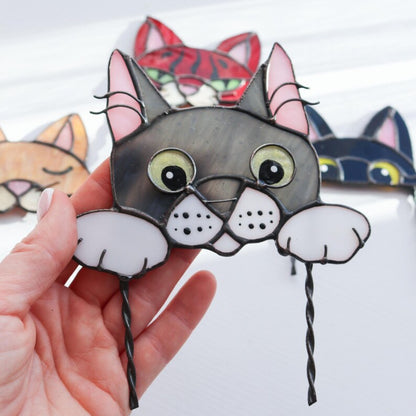 🐱 Stained Glass Cat Plant Topper – Whimsical Garden Decor