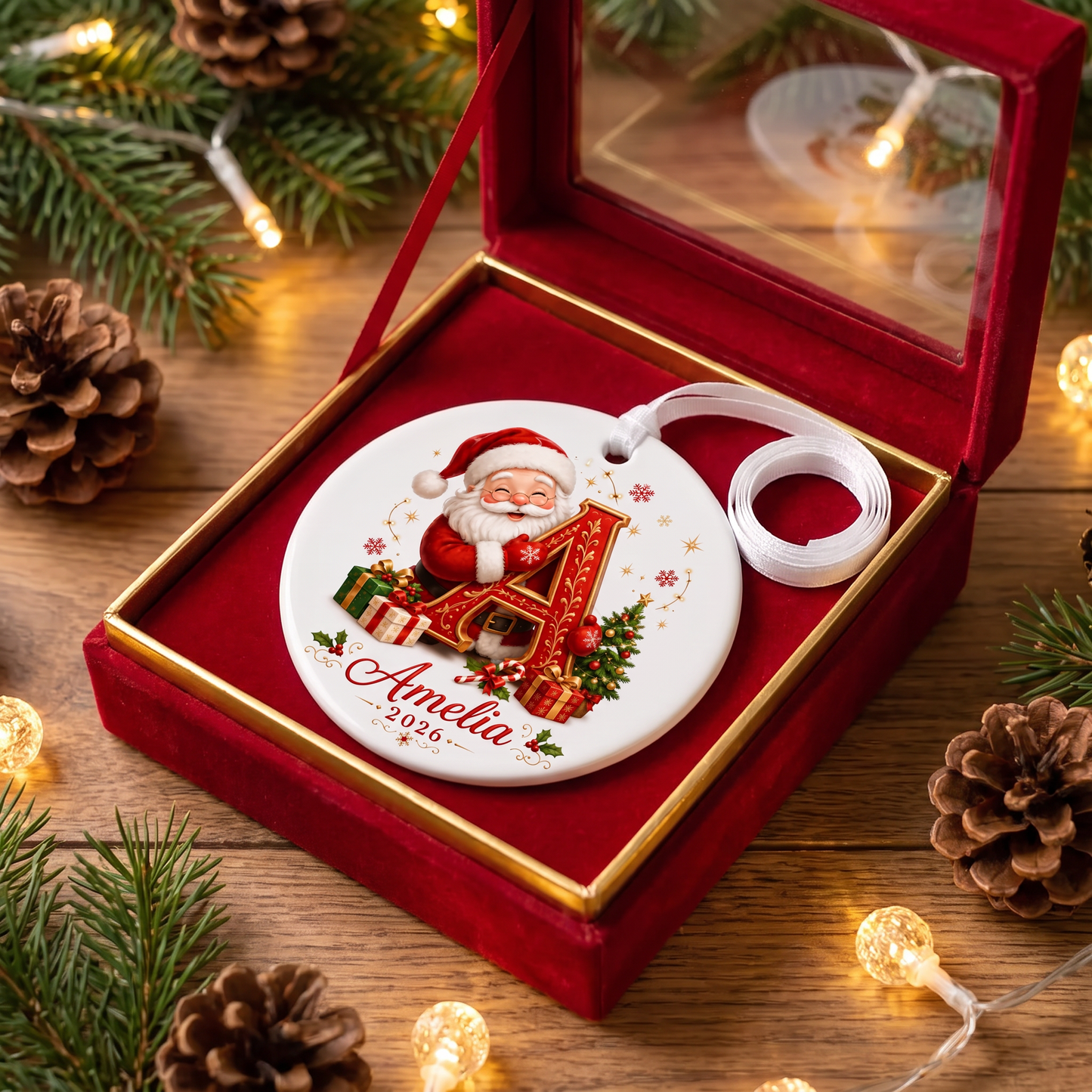 🎅 Personalized Santa Initial Ornament – Custom Name Christmas Ornament 🎄✨