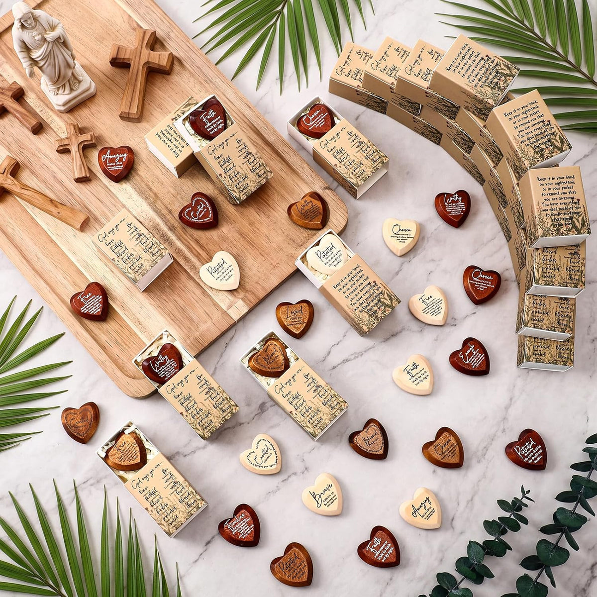 Christian Pocket Heart Gift Set - 12 Faith-Inspired Wooden Hearts with Individually Boxed Keepsakes