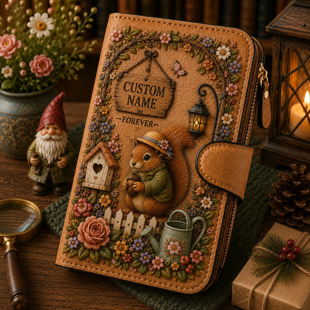 🌿 Personalized Garden Friends Wallet – Custom Name Leather Organizer
