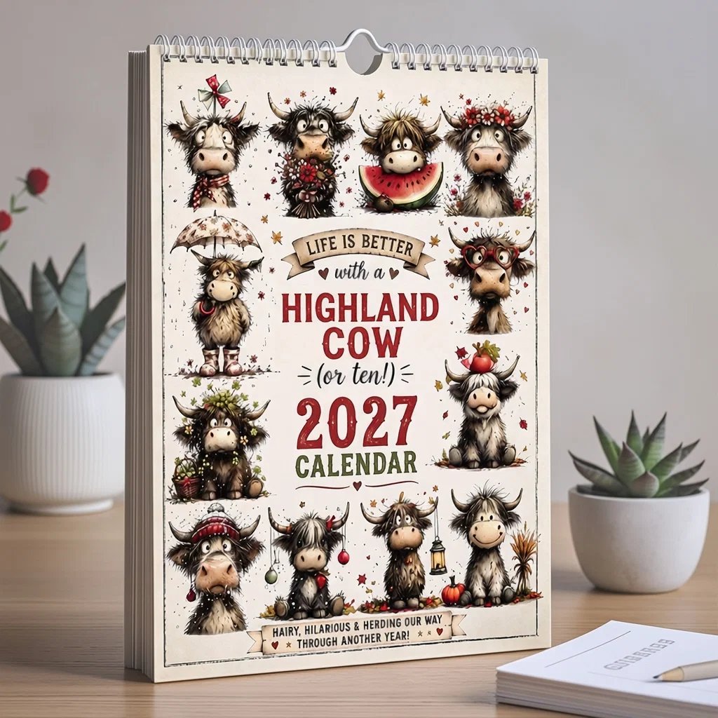 2027 Highland Cow Wall Calendar – Cute Monthly Planner Calendar, Farmhouse Animal Desk & Wall Calendar with Notes Section