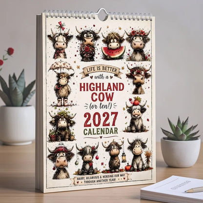 2027 Highland Cow Wall Calendar – Cute Monthly Planner Calendar, Farmhouse Animal Desk & Wall Calendar with Notes Section