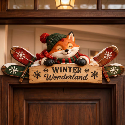Winter Ski Lodge Door Topper – Rustic Wooden Welcome Sign