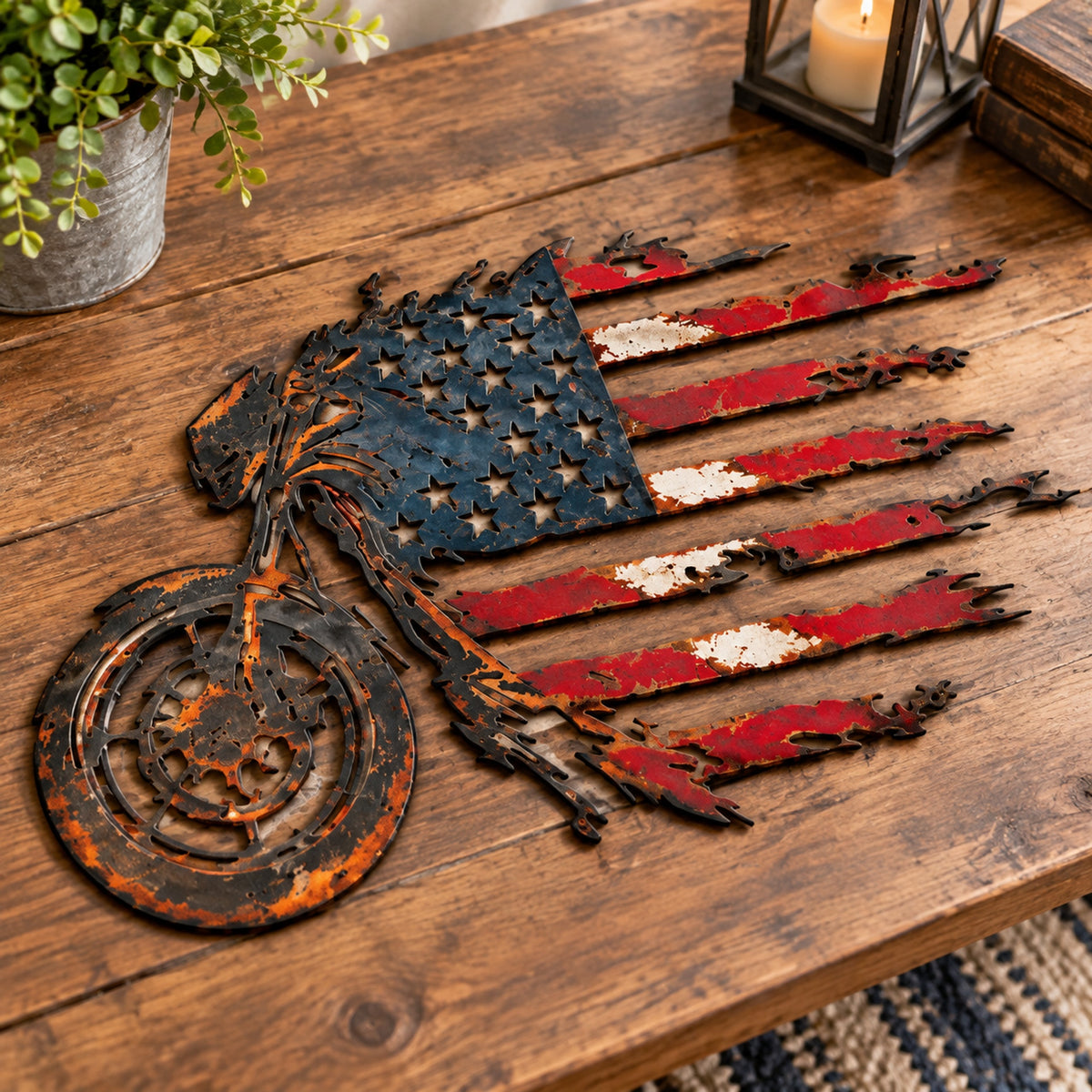 🏍️🇺🇸 American Flag Motorcycle Metal Wall Art – A Bold Tribute to Freedom & the Open Road