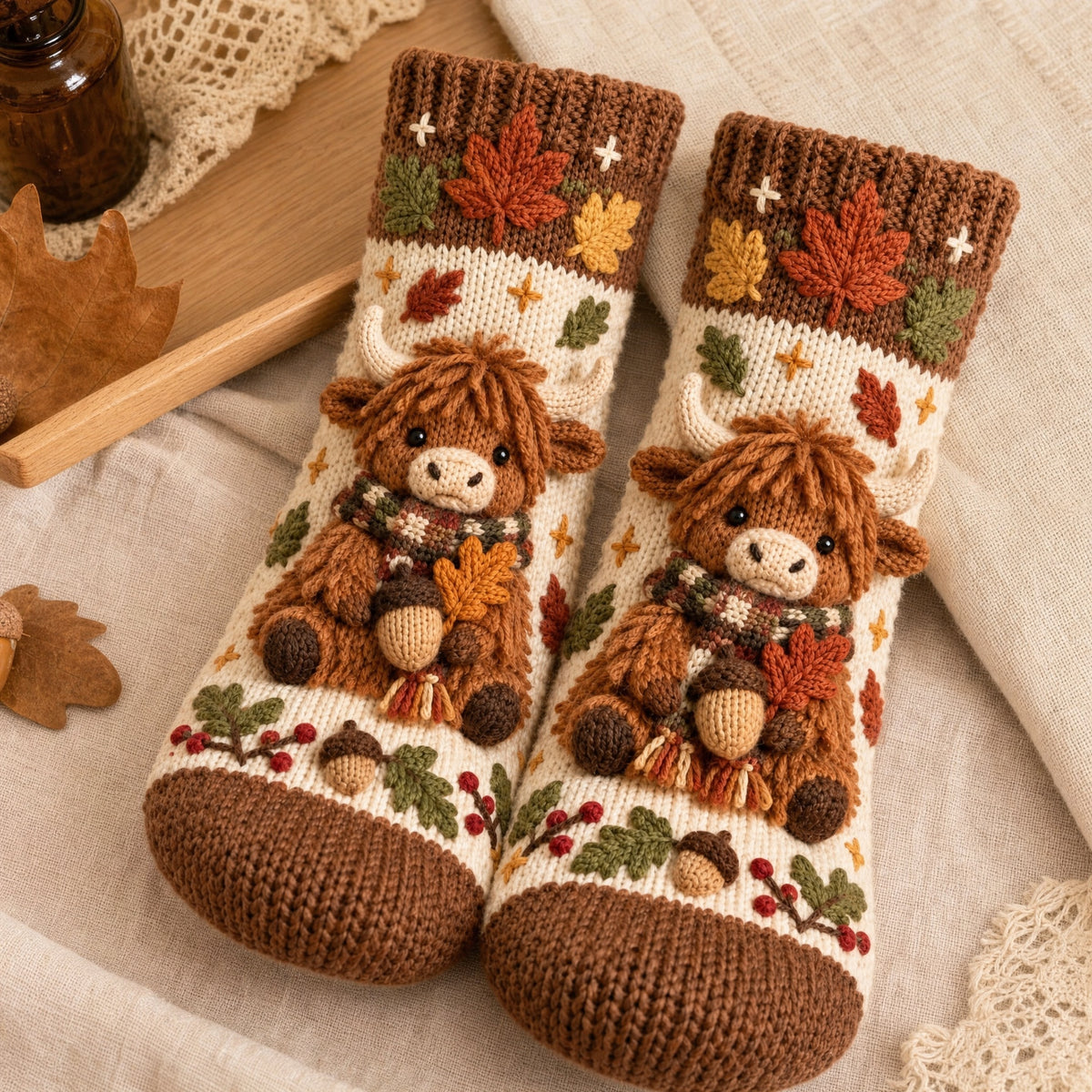 🍂🧦Cozy Autumn Crochet-Style Socks – Cute Woodland Friends & Cottagecore Charm