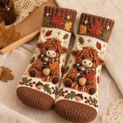 🍂🧦Cozy Autumn Crochet-Style Socks – Cute Woodland Friends & Cottagecore Charm