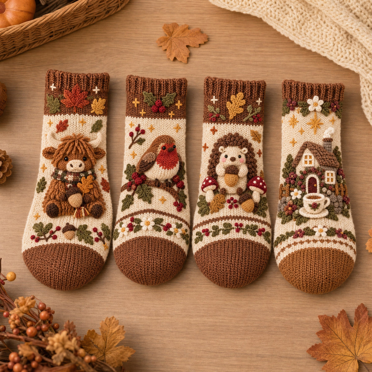 🍂🧦Cozy Autumn Crochet-Style Socks – Cute Woodland Friends & Cottagecore Charm