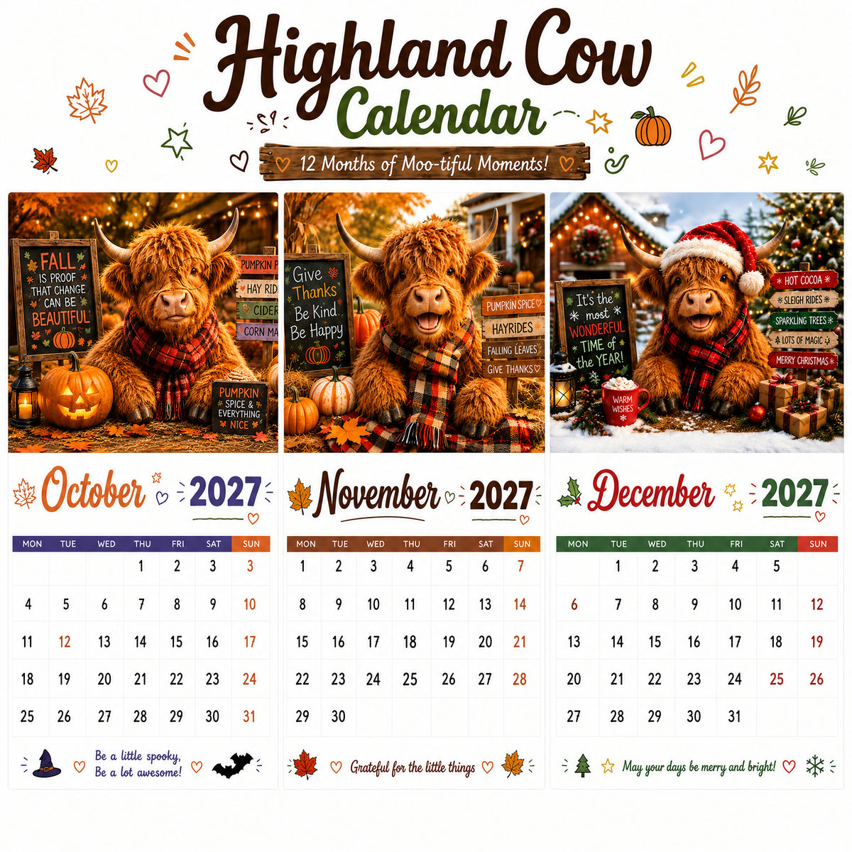 🐮 2027 Highland Cow Calendar – 12 Months of Moo-tiful Moments & Good Vibes