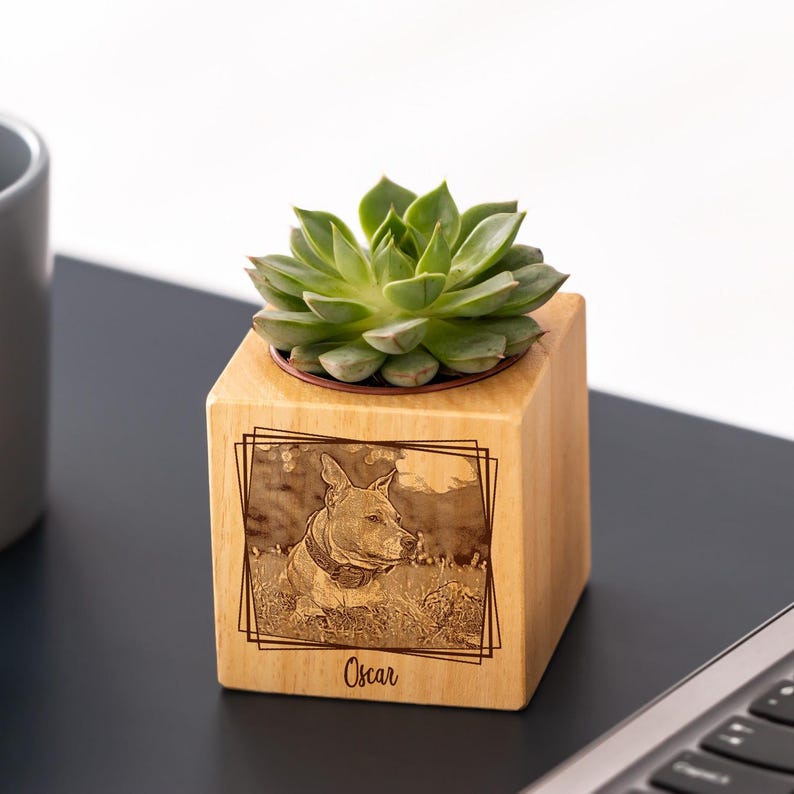 🌸Custom Pet Portrait Planter – Wood Succulent Pot with Photo