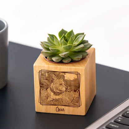 🌸Custom Pet Portrait Planter – Wood Succulent Pot with Photo