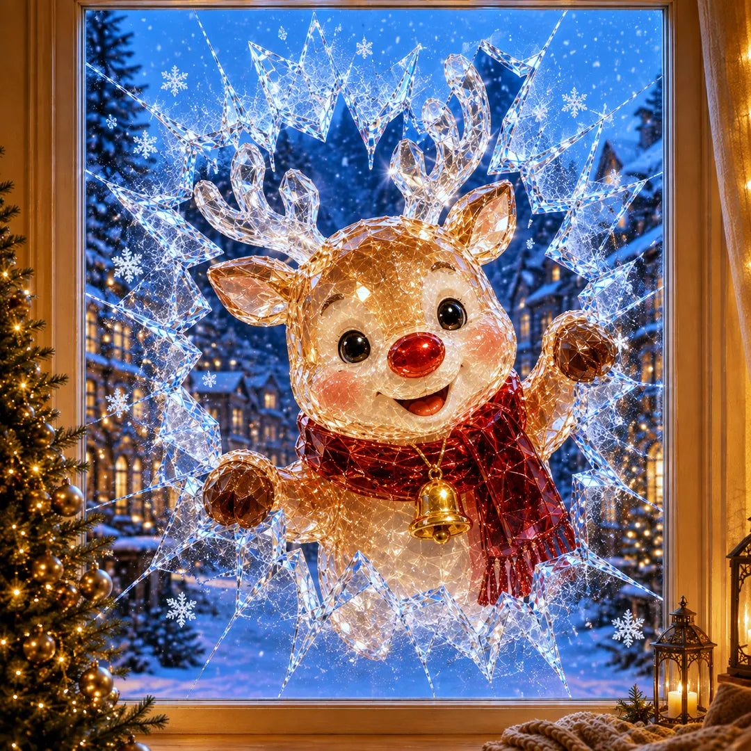 Crystal Christmas Break-In Window Decal — 3D Shattered-Glass Holiday Window Decoration