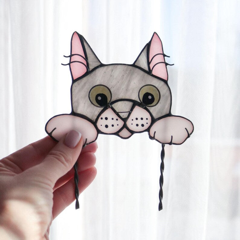 🐱 Stained Glass Cat Plant Topper – Whimsical Garden Decor