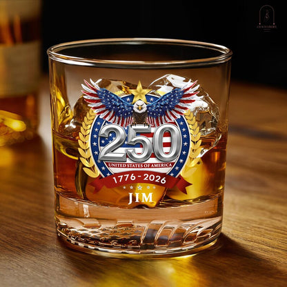 Personalized Whiskey Glass – USA 250 Years Anniversary "American Eagle 1776-2026"