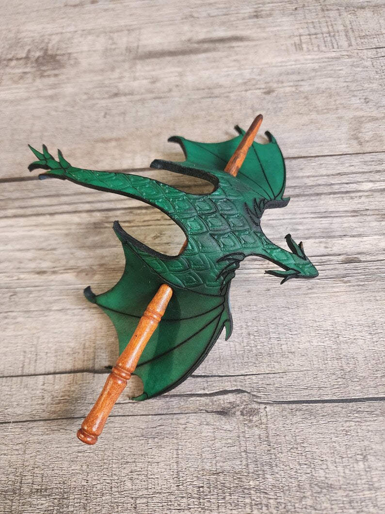 🐉 Leather Tooled Dragon Hair Slide with Wood Stick
