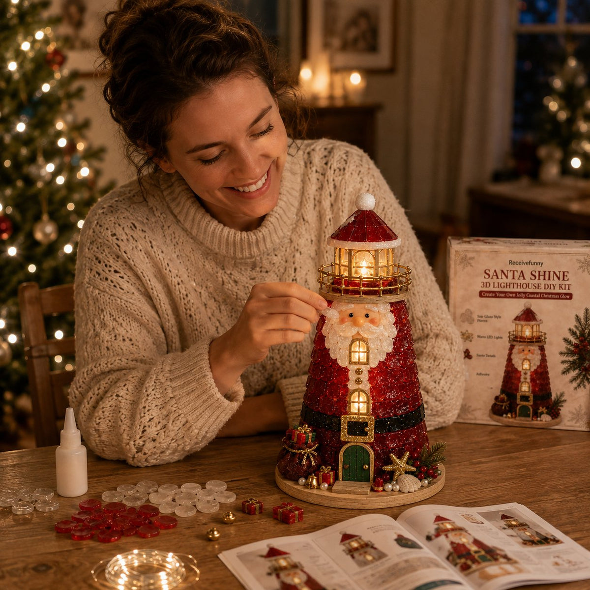 🎄Beginner-Friendly DIY Lighted Christmas Character Sea Glass-Style Lighthouse Kit Collection | Complete Kit with Sea Glass-Style Pieces, LED Lights & Step-by-Step Guide Included
