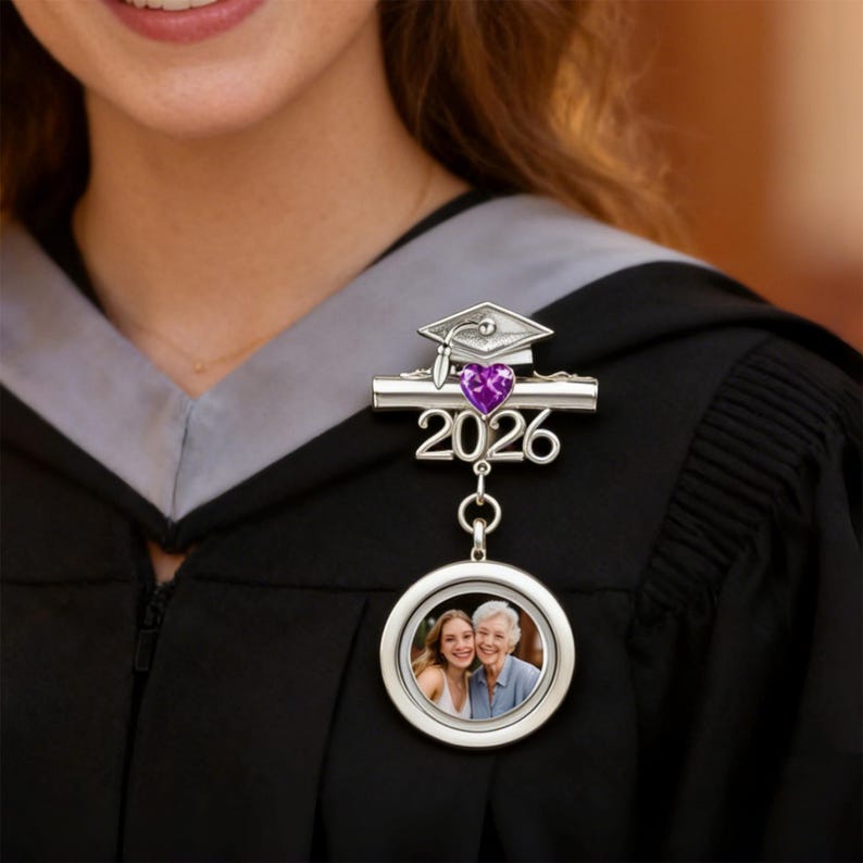 🎓 Personalized Graduation Lapel Pin with Photo & Birthstone – Custom Graduation Cap Memorial Brooch