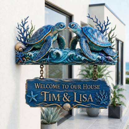 🐢 Personalized Nautical Sea Turtle Welcome Sign – Coastal Wall Decor for Home