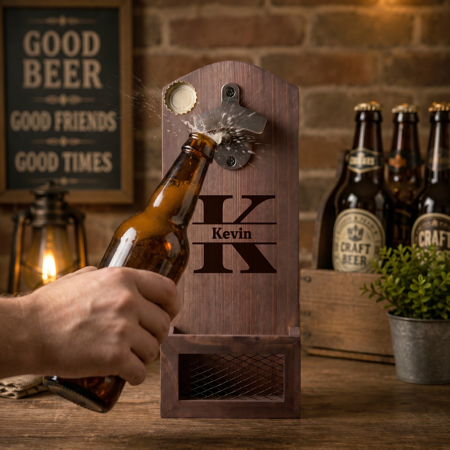 🍺 Personalized Wooden Bottle Opener With Cap Catcher