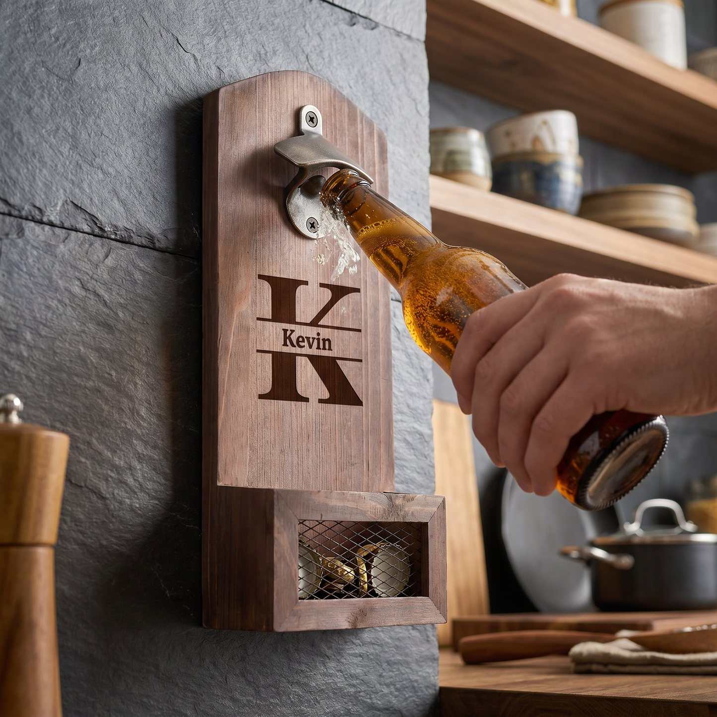 🍺 Personalized Wooden Bottle Opener With Cap Catcher