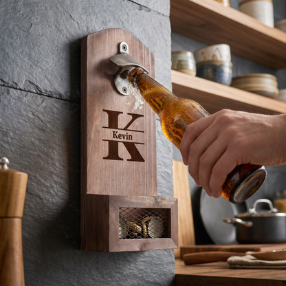 🍺 Personalized Wooden Bottle Opener With Cap Catcher