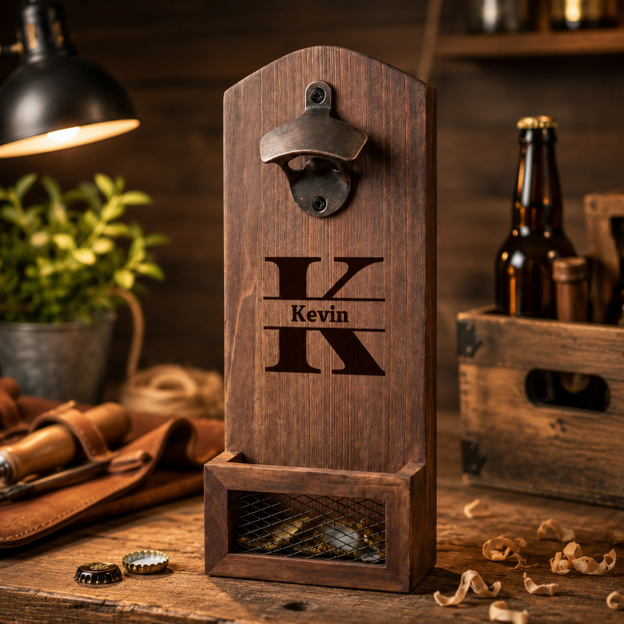 🍺 Personalized Wooden Bottle Opener With Cap Catcher