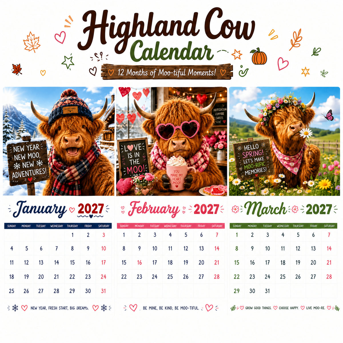 🐮 2027 Highland Cow Calendar – 12 Months of Moo-tiful Moments & Good Vibes