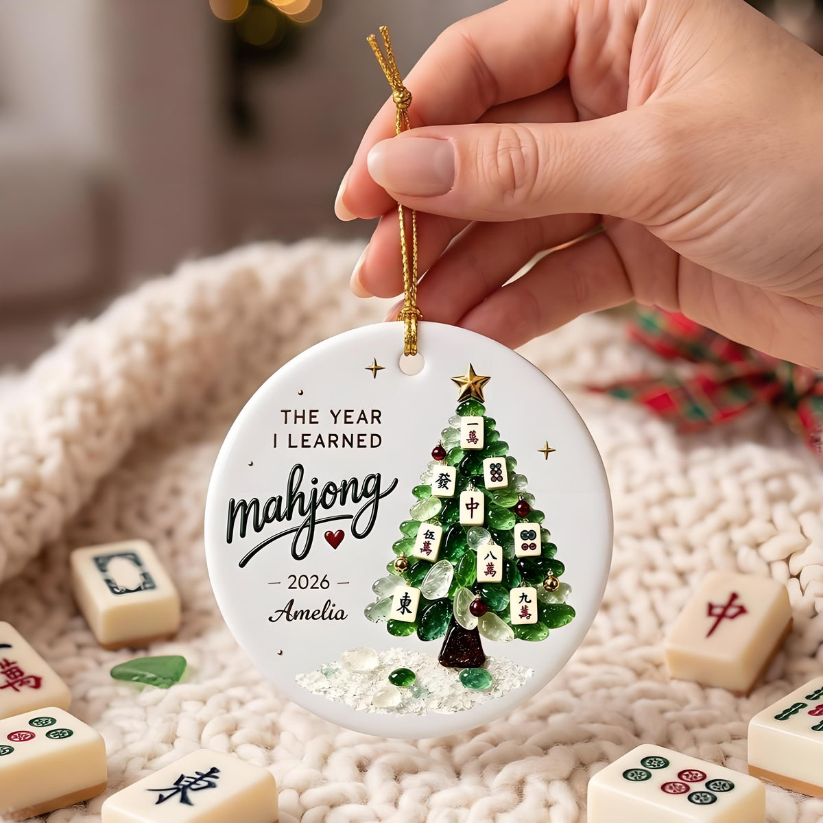 🀄 Personalized Mahjong Christmas Ornament – Custom Name Year Ceramic Keepsake