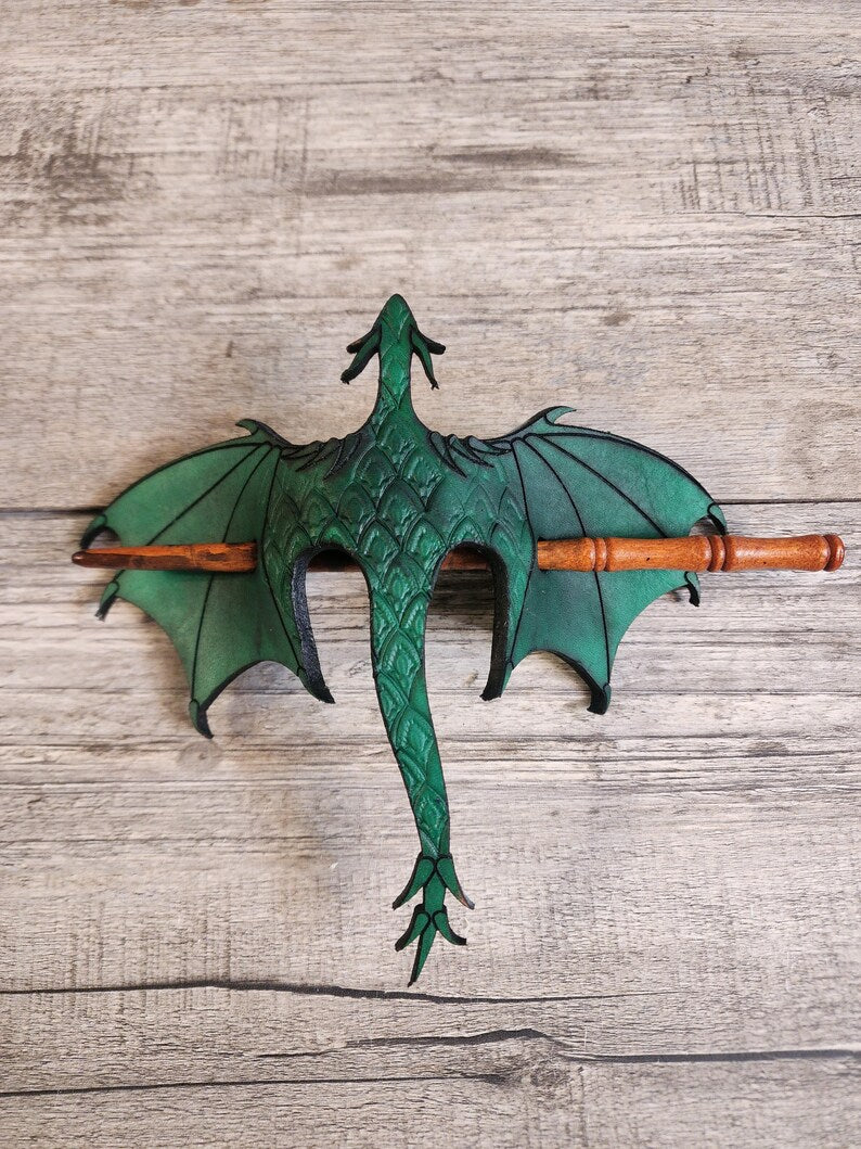 🐉 Leather Tooled Dragon Hair Slide with Wood Stick