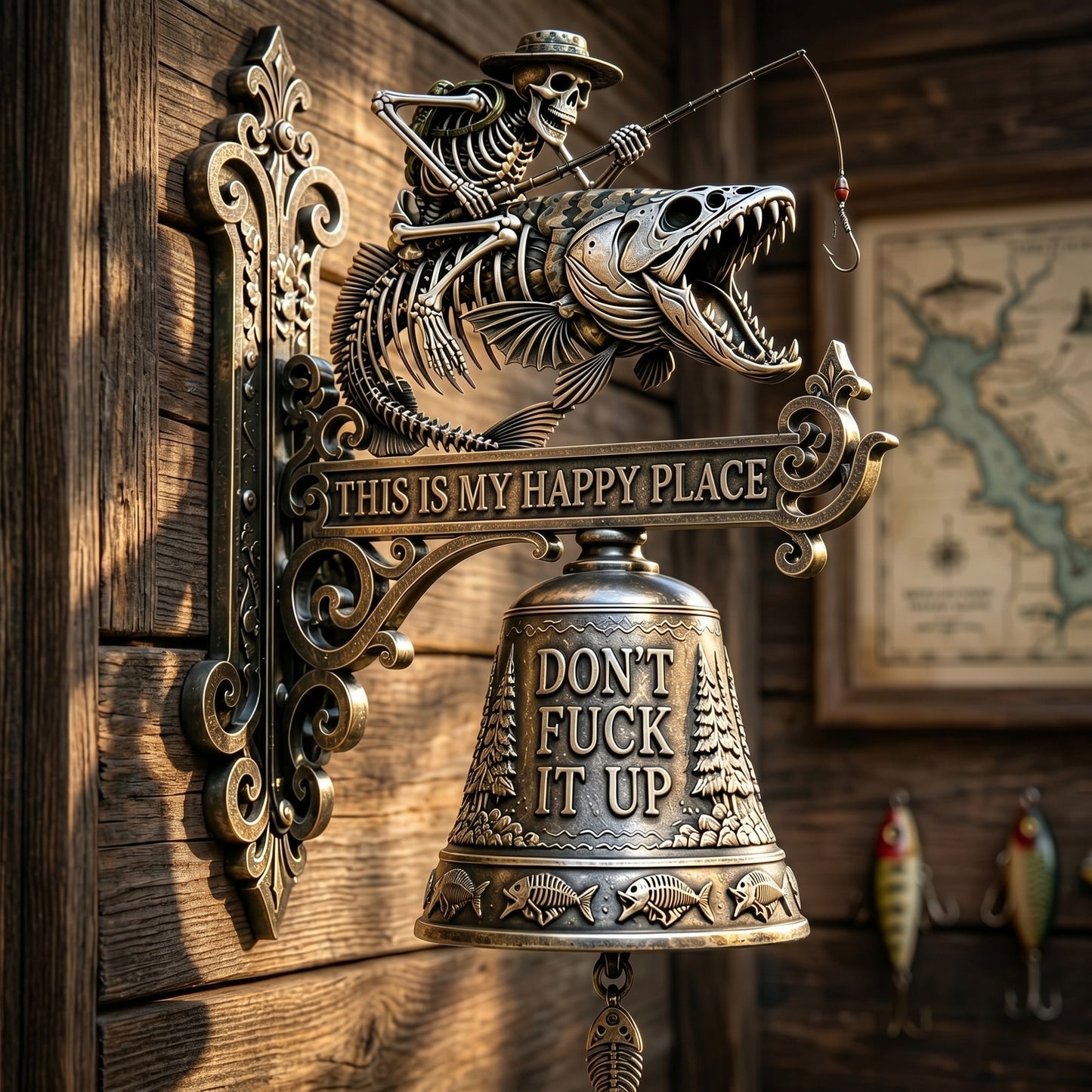 🎣 "This Is My Happy Place Don't F*ck It Up" Skeleton Fishing Wall Bell