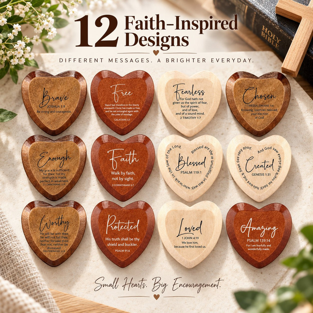Christian Pocket Heart Gift Set - 12 Faith-Inspired Wooden Hearts with Individually Boxed Keepsakes