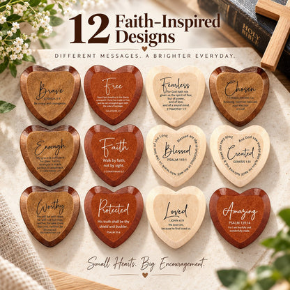Christian Pocket Heart Gift Set - 12 Faith-Inspired Wooden Hearts with Individually Boxed Keepsakes