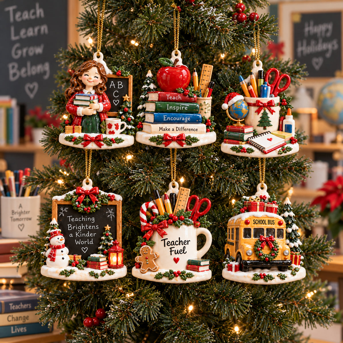 Teacher Appreciation Christmas Ornament – Rustic School-Themed Tree Decor