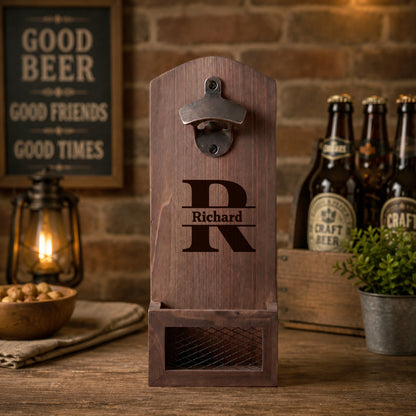 🍺 Personalized Wooden Bottle Opener With Cap Catcher