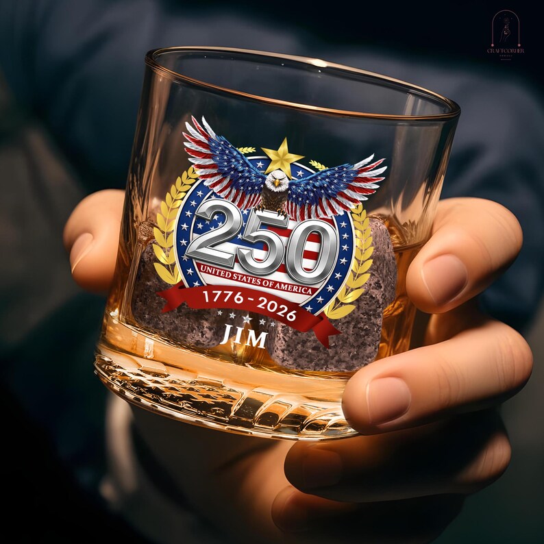 Personalized Whiskey Glass – USA 250 Years Anniversary "American Eagle 1776-2026"